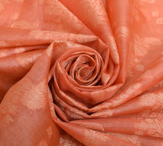 Sushila Vintage Dark Peach Saree Pure Tussar Silk Resahm Woven Sari Craft Fabric