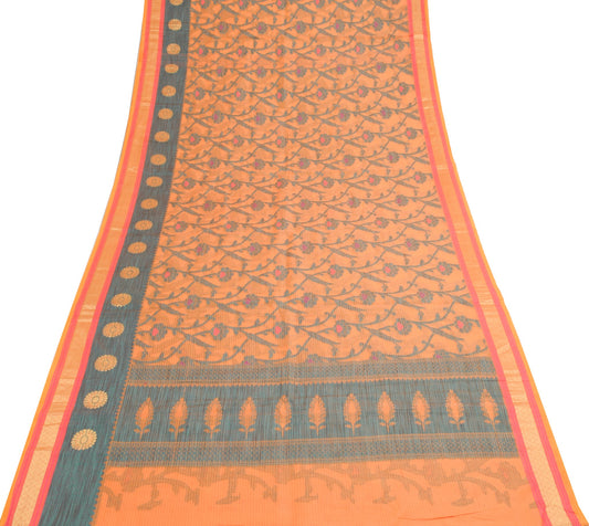 Sushila Vintage Orange Saree 100%Pure Cotton Floral Woven Kota Doria Sari Fabric