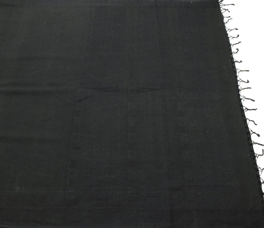 Sushila Vintage 100% Pure Cotton Saree Woven Black Peacock Sari Craft 5YD Fabric