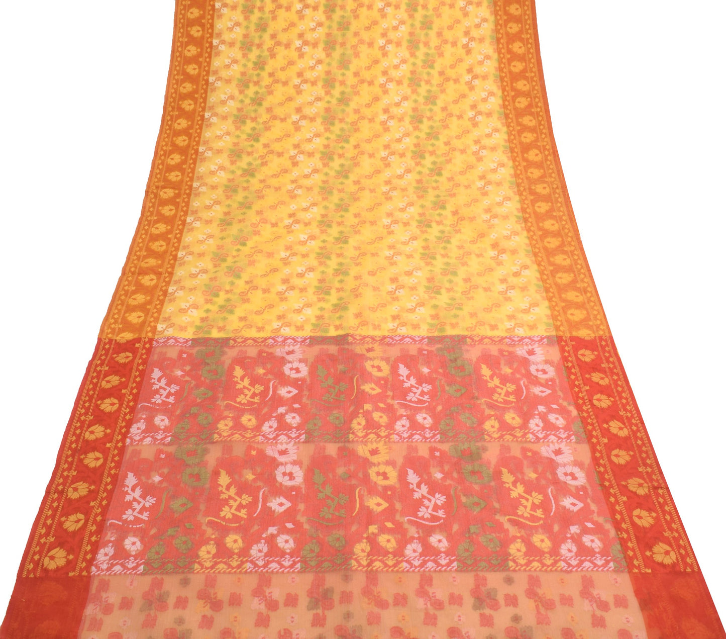 Sushila Vintage Yellow Art Silk Saree Floral All Over Woven Indian Sari Fabric