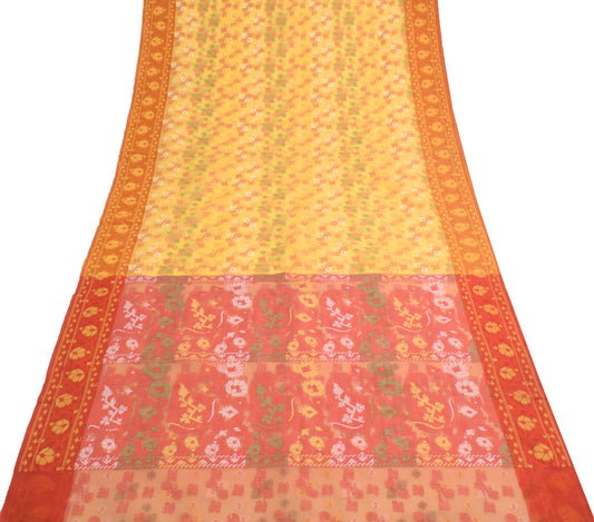 Sushila Vintage Yellow Art Silk Saree Floral All Over Woven Indian Sari Fabric