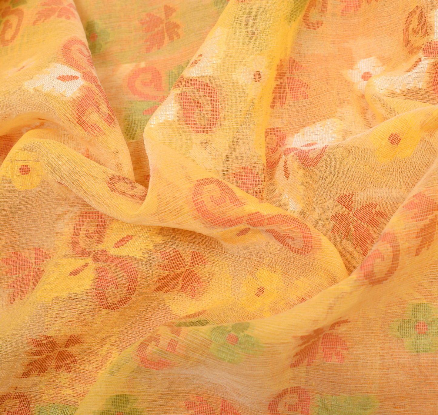 Sushila Vintage Yellow Art Silk Saree Floral All Over Woven Indian Sari Fabric