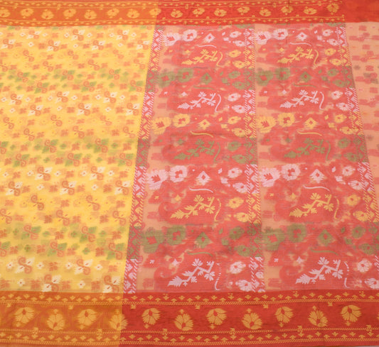 Sushila Vintage Yellow Art Silk Saree Floral All Over Woven Indian Sari Fabric