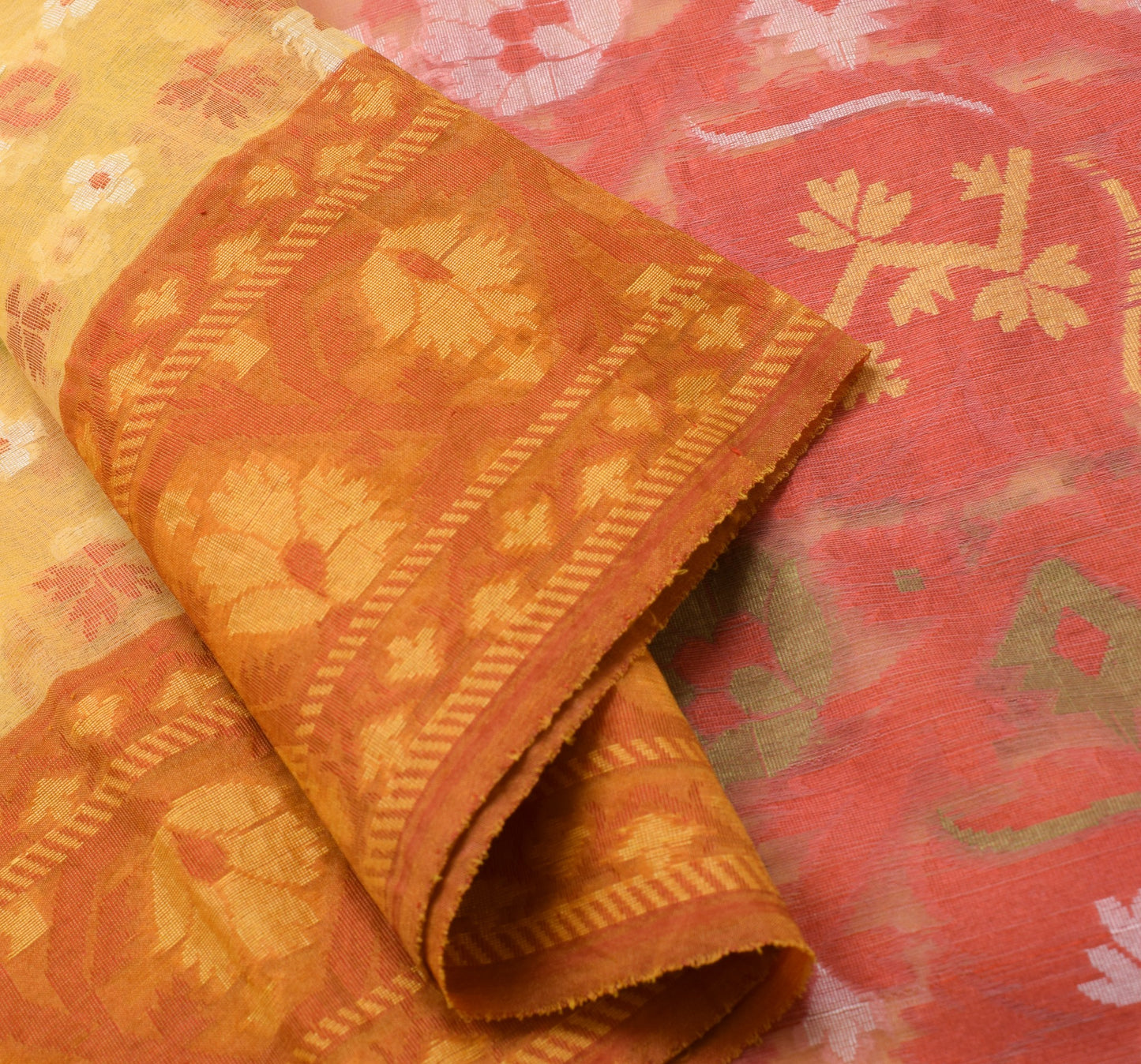 Sushila Vintage Yellow Art Silk Saree Floral All Over Woven Indian Sari Fabric