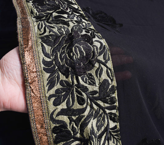 Sushila Vintage Black Saree With Embroidered Border Pure Georgette  Sari Fabric