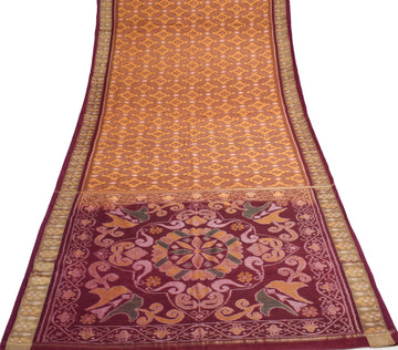 Sushila Vintage Hand Woven Ikat Patola Sari Pure Cotton Saree Brown Craft Fabric