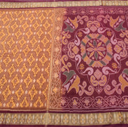 Sushila Vintage Hand Woven Ikat Patola Sari Pure Cotton Saree Brown Craft Fabric