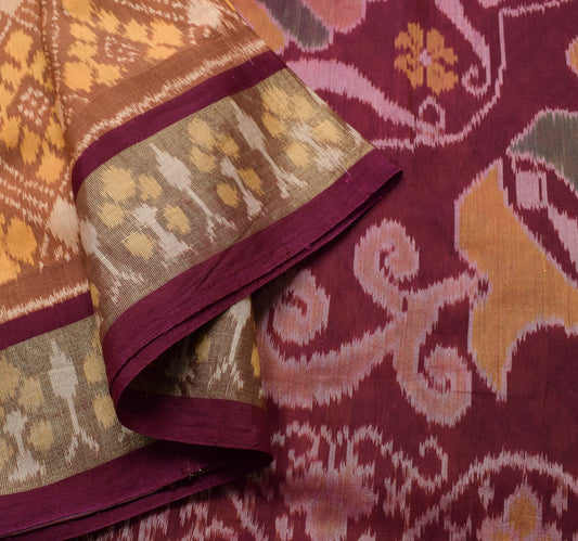 Sushila Vintage Hand Woven Ikat Patola Sari Pure Cotton Saree Brown Craft Fabric