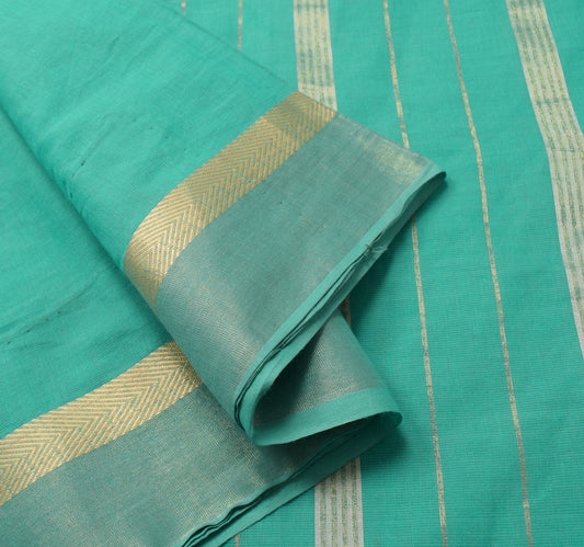 Sushila Vintage Aqua Green Plain Saree with Zari Border Pure Cotton Sari Fabric
