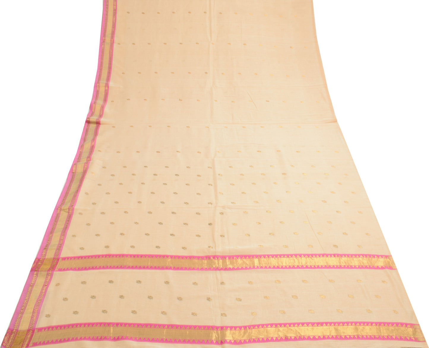 Sushila Vintage Beige Zari Woven Saree with Pink Border Pure Cotton Sari Fabric