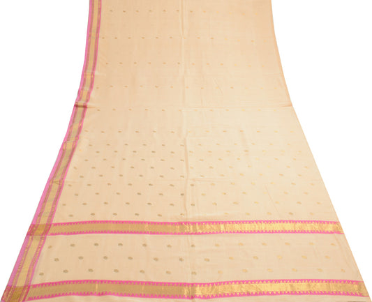Sushila Vintage Beige Zari Woven Saree with Pink Border Pure Cotton Sari Fabric