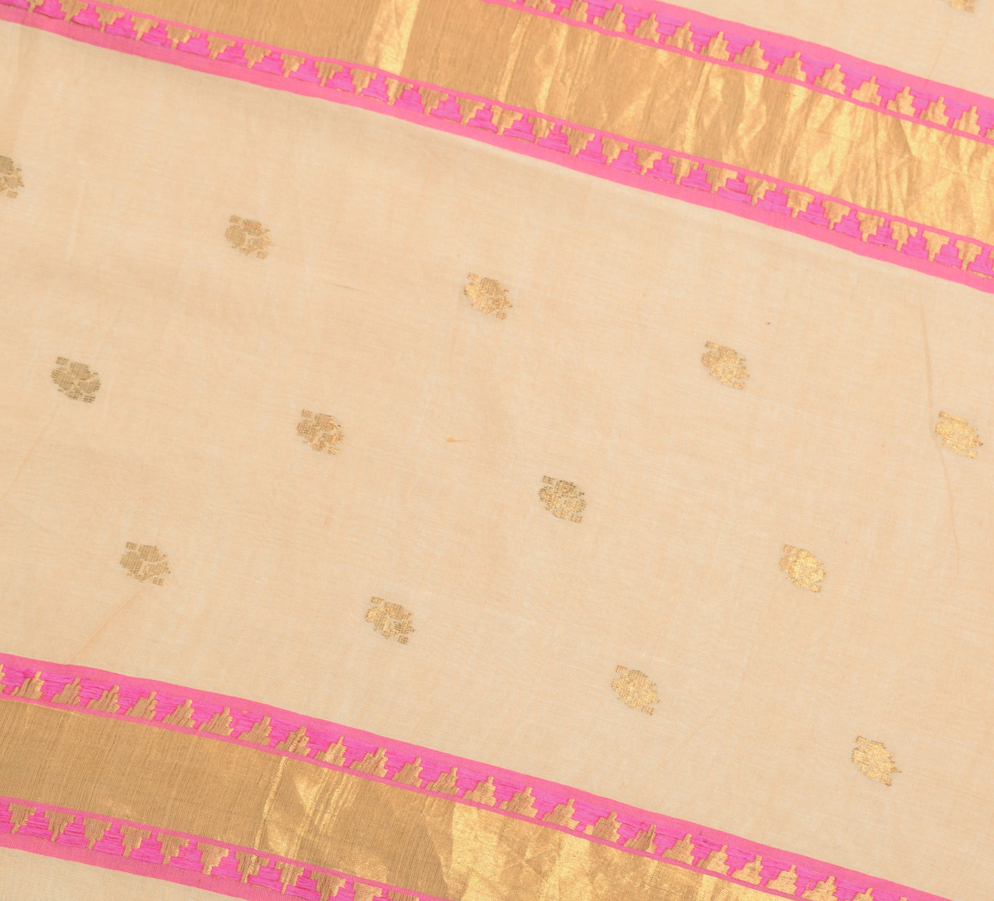Sushila Vintage Beige Zari Woven Saree with Pink Border Pure Cotton Sari Fabric