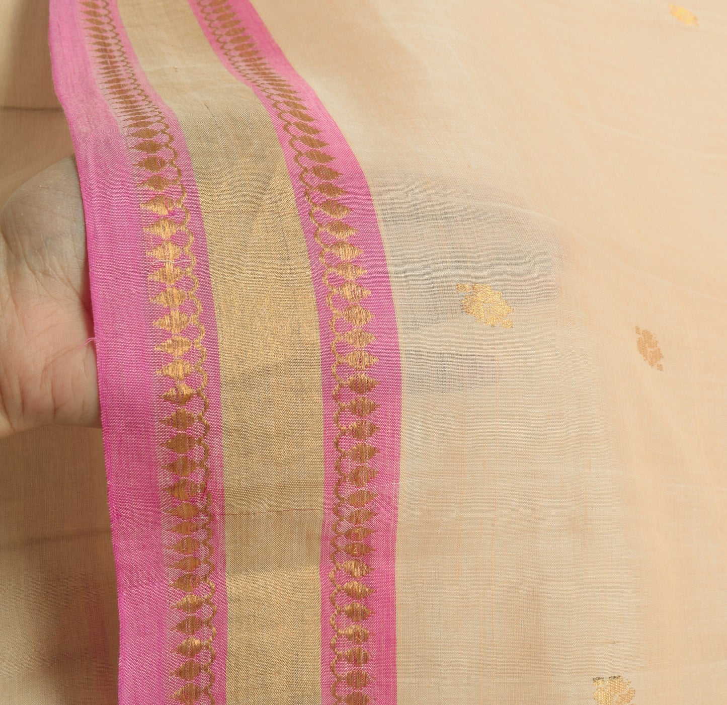 Sushila Vintage Beige Zari Woven Saree with Pink Border Pure Cotton Sari Fabric