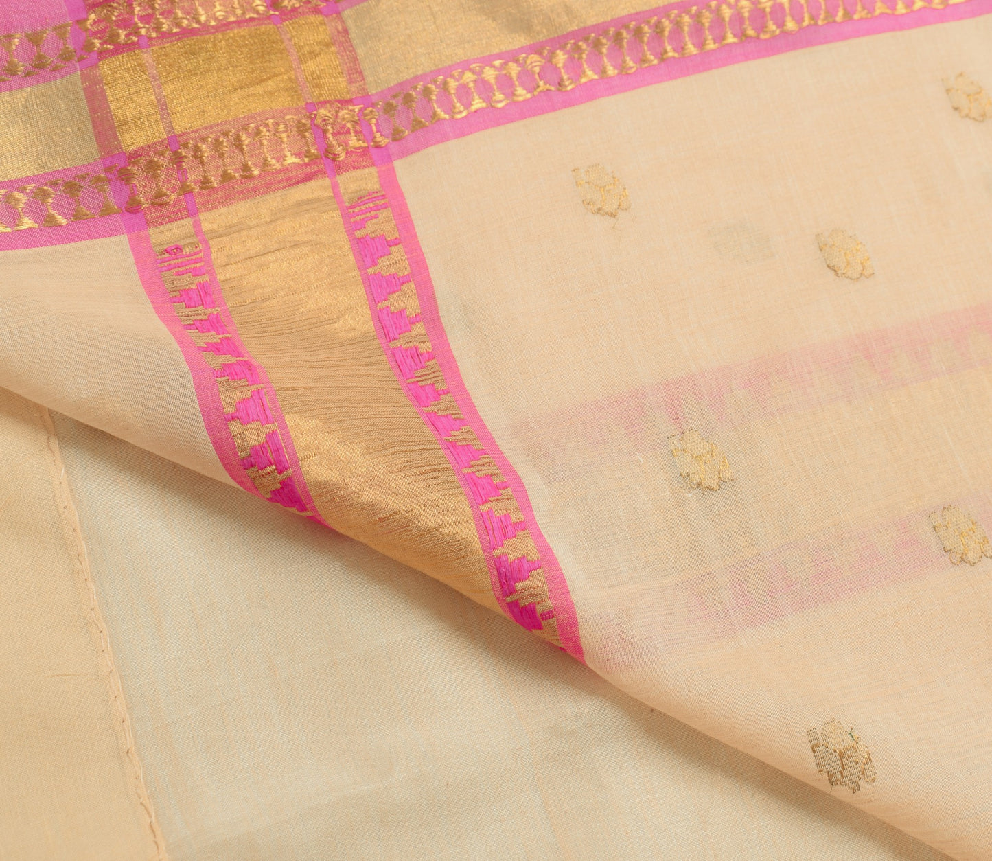 Sushila Vintage Beige Zari Woven Saree with Pink Border Pure Cotton Sari Fabric