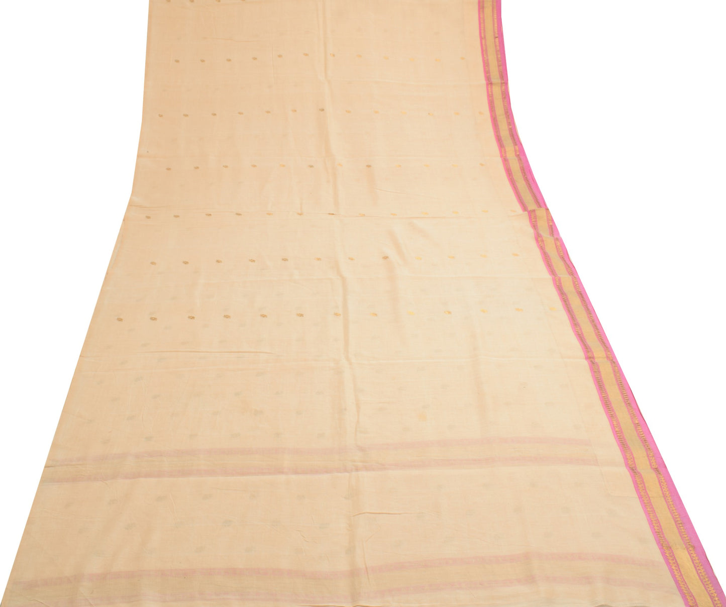 Sushila Vintage Beige Zari Woven Saree with Pink Border Pure Cotton Sari Fabric