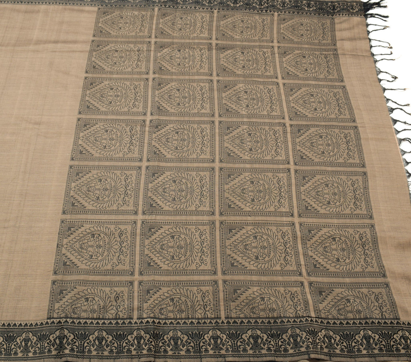 Sushila Vintage Brown Baluchari Saree Pure Cotton Hand Woven HEAVY Sari Fabric