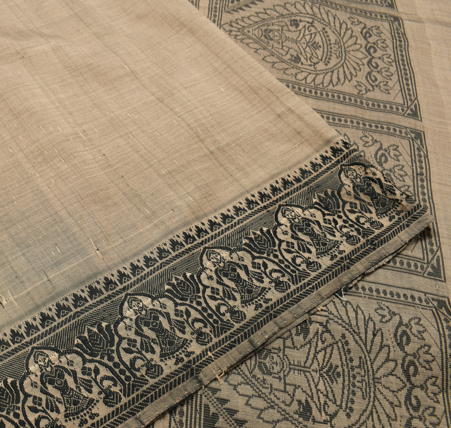 Sushila Vintage Brown Baluchari Saree Pure Cotton Hand Woven HEAVY Sari Fabric