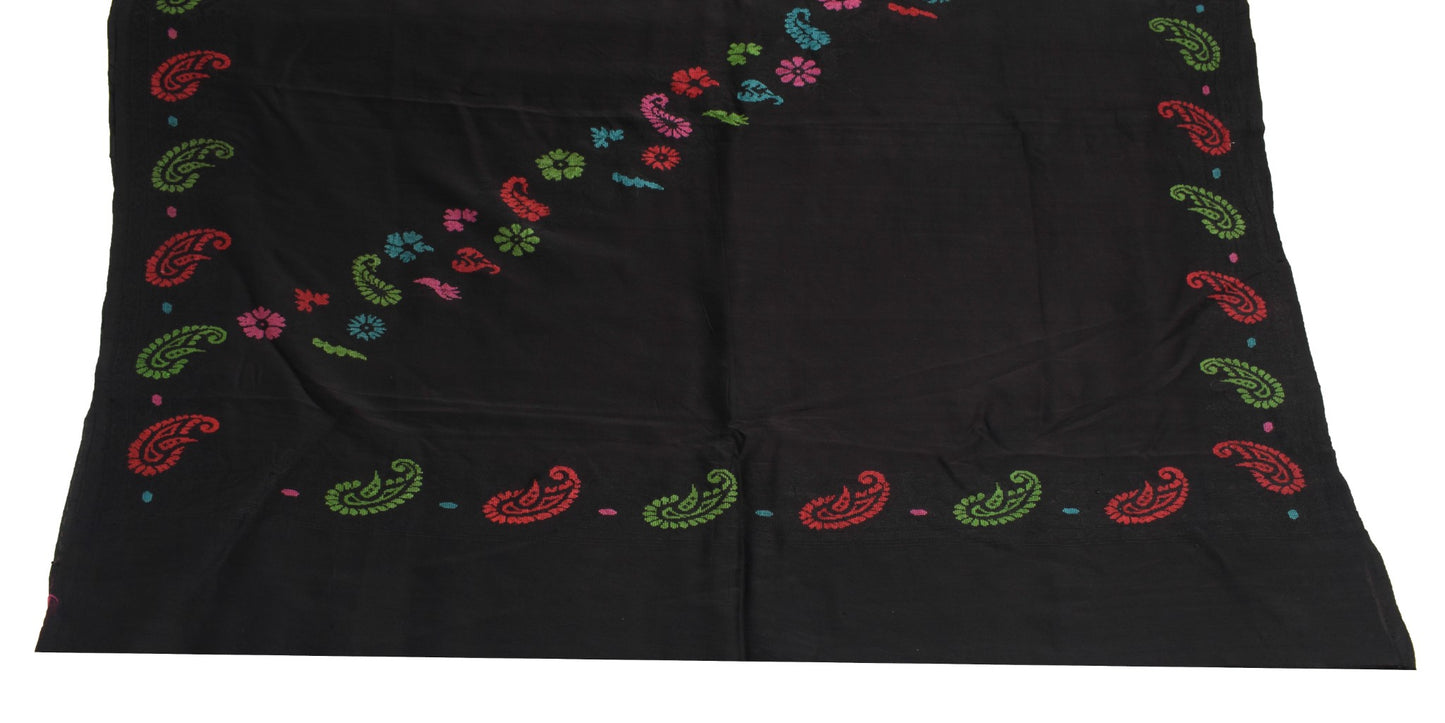 Sushila Vintage Black Hand Woven Saree 100% Pure Silk Paisley Soft Sari Fabric