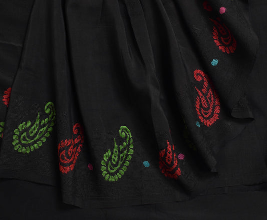 Sushila Vintage Black Hand Woven Saree 100% Pure Silk Paisley Soft Sari Fabric