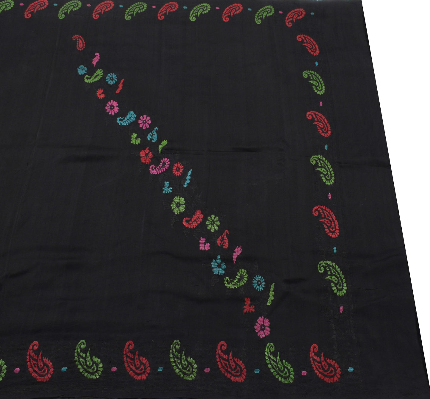Sushila Vintage Black Hand Woven Saree 100% Pure Silk Paisley Soft Sari Fabric