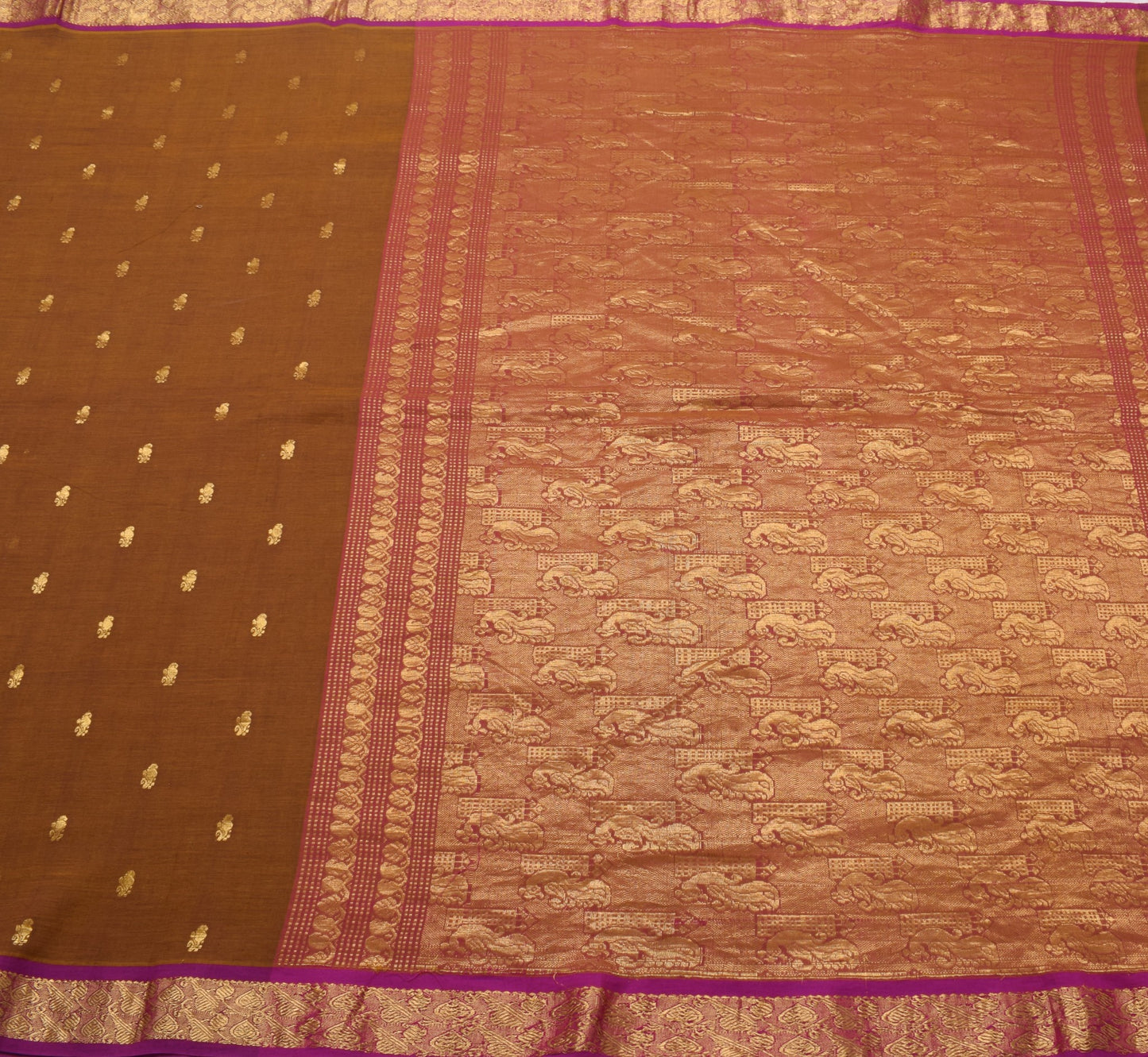 Sushila Vintage Zari Woven Kanjivaram Saree Pure Cotton Dual Toned Sari Fabric