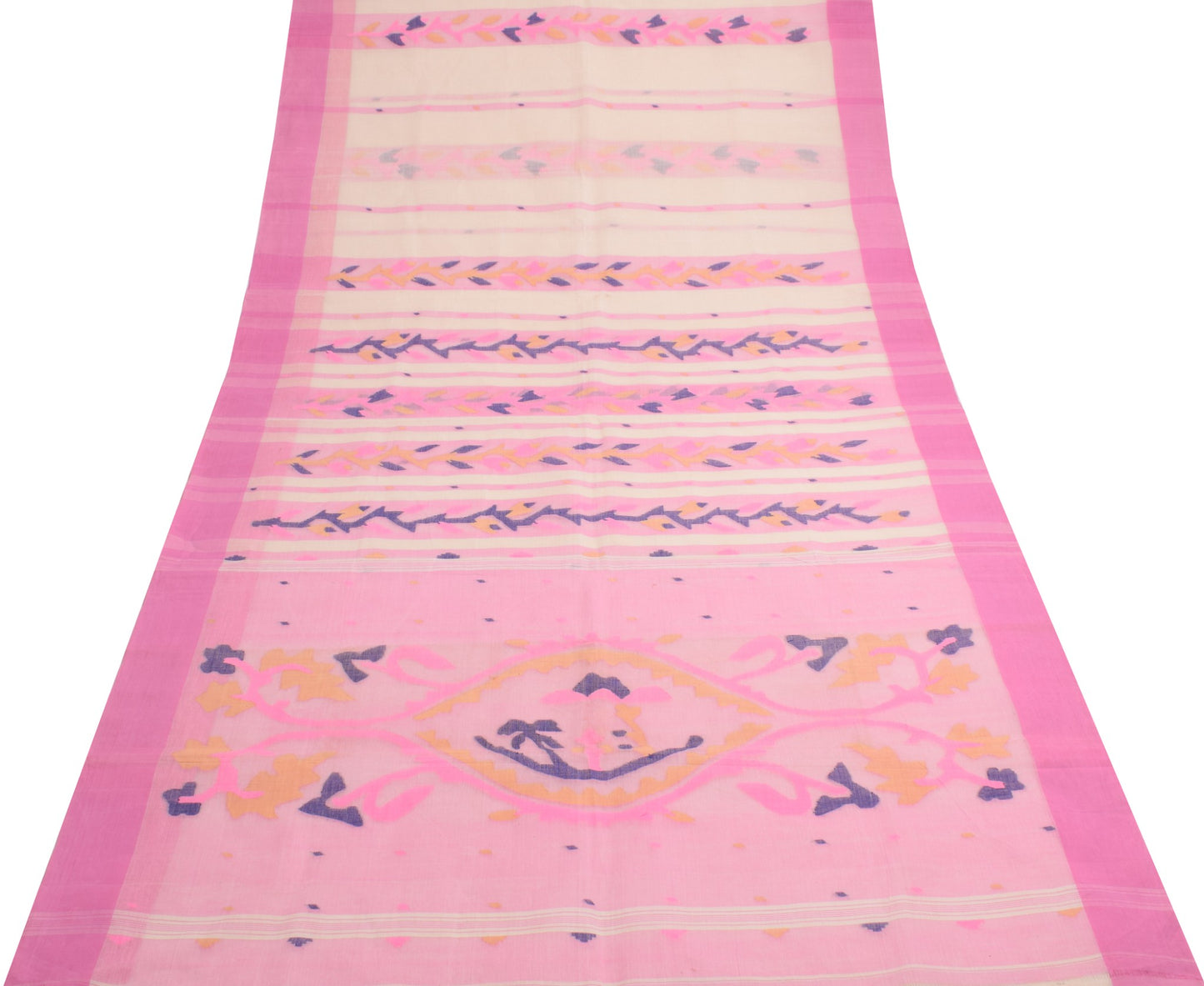Sushila Vintage Pure Cotton Saree Tant Woven Bengal Sari Fabric in Cream Pink