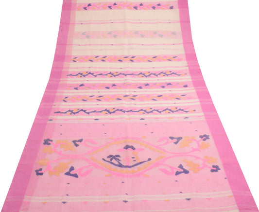 Sushila Vintage Pure Cotton Saree Tant Woven Bengal Sari Fabric in Cream Pink