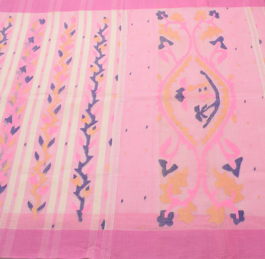 Sushila Vintage Pure Cotton Saree Tant Woven Bengal Sari Fabric in Cream Pink