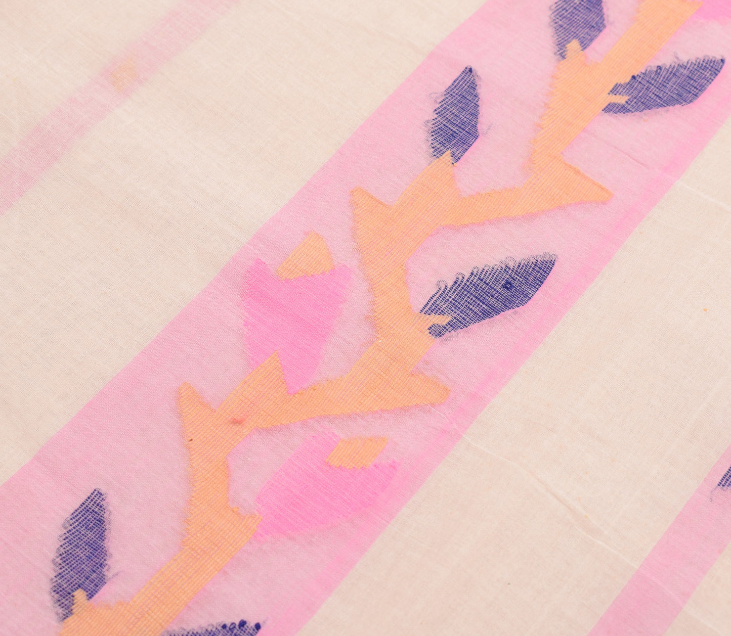 Sushila Vintage Pure Cotton Saree Tant Woven Bengal Sari Fabric in Cream Pink