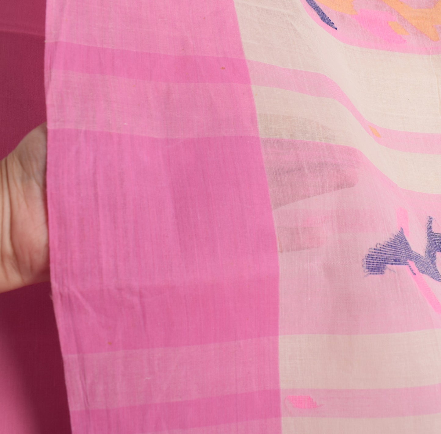Sushila Vintage Pure Cotton Saree Tant Woven Bengal Sari Fabric in Cream Pink