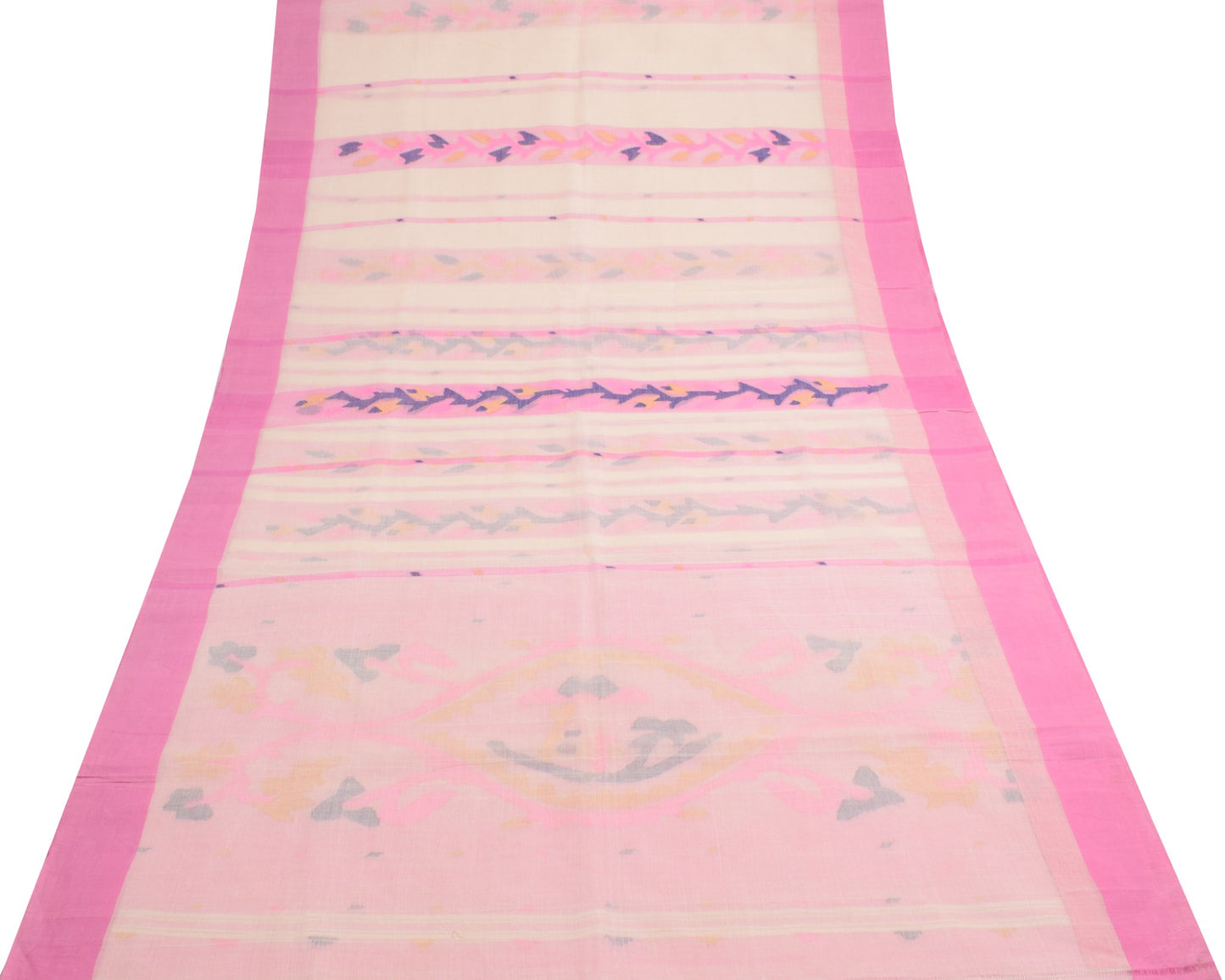 Sushila Vintage Pure Cotton Saree Tant Woven Bengal Sari Fabric in Cream Pink