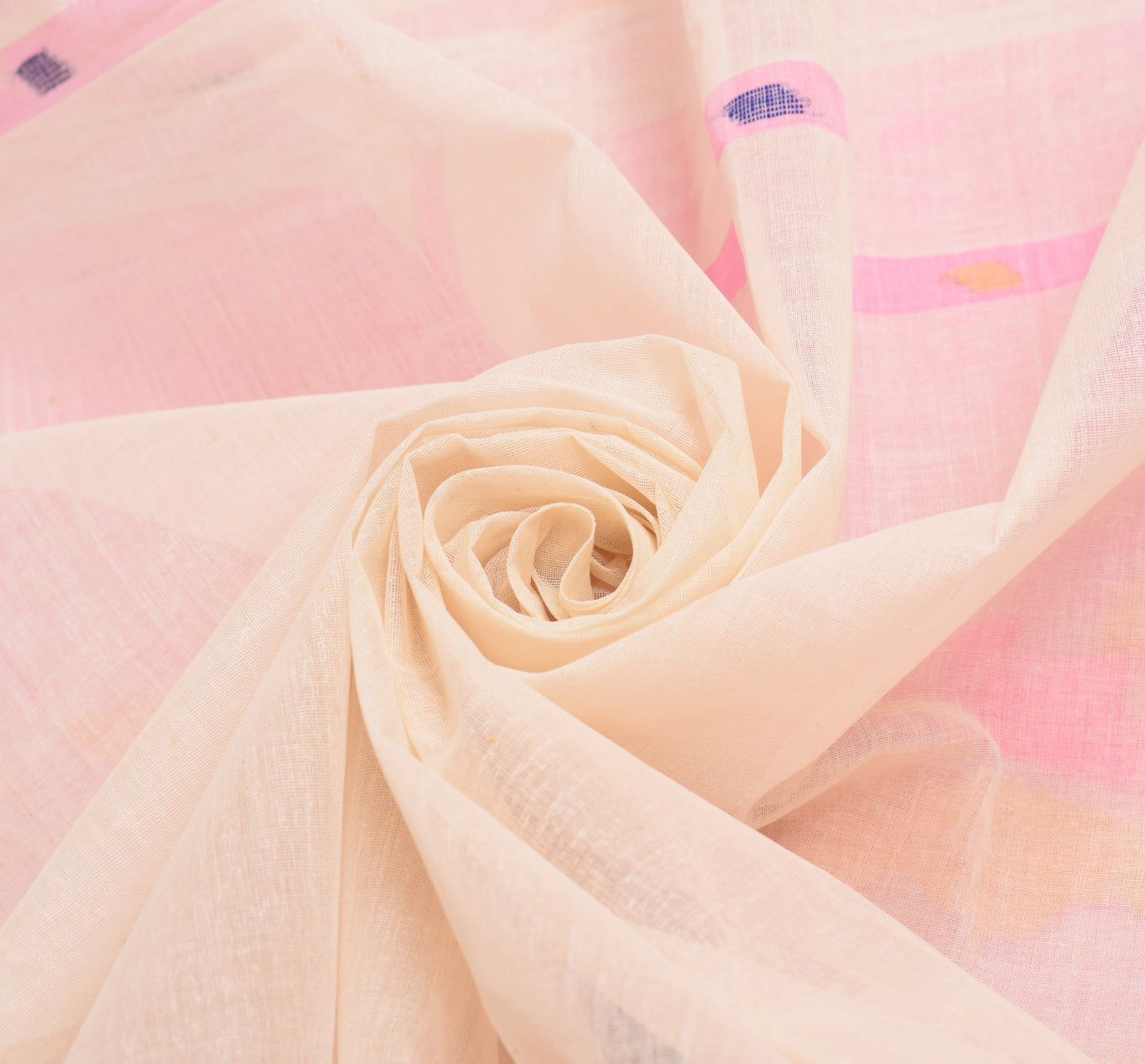 Sushila Vintage Pure Cotton Saree Tant Woven Bengal Sari Fabric in Cream Pink