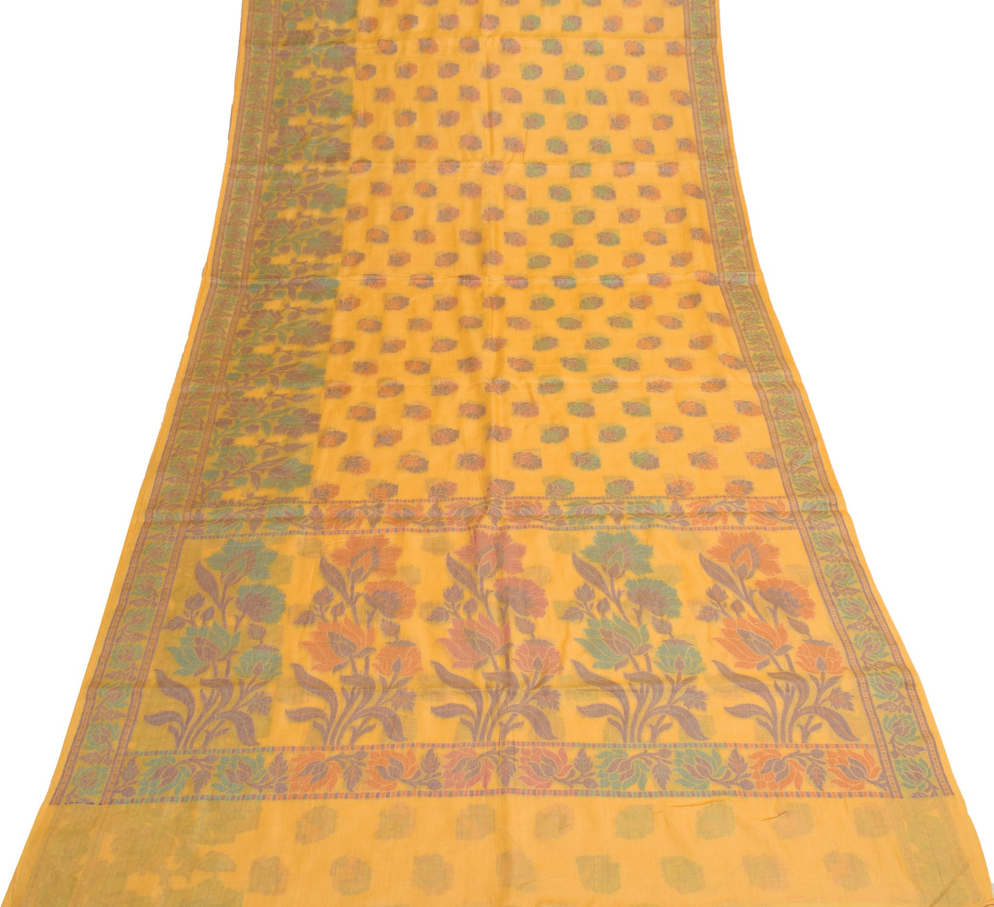 Sushila Vintage Floral Yellow Saree 100% Pure Tussar Silk Woven Soft Sari Fabric