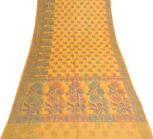 Sushila Vintage Floral Yellow Saree 100% Pure Tussar Silk Woven Soft Sari Fabric