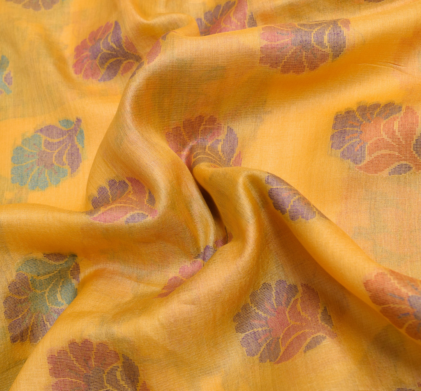Sushila Vintage Floral Yellow Saree 100% Pure Tussar Silk Woven Soft Sari Fabric