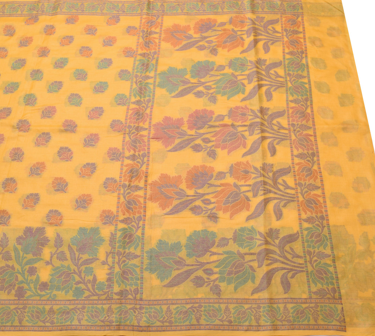 Sushila Vintage Floral Yellow Saree 100% Pure Tussar Silk Woven Soft Sari Fabric