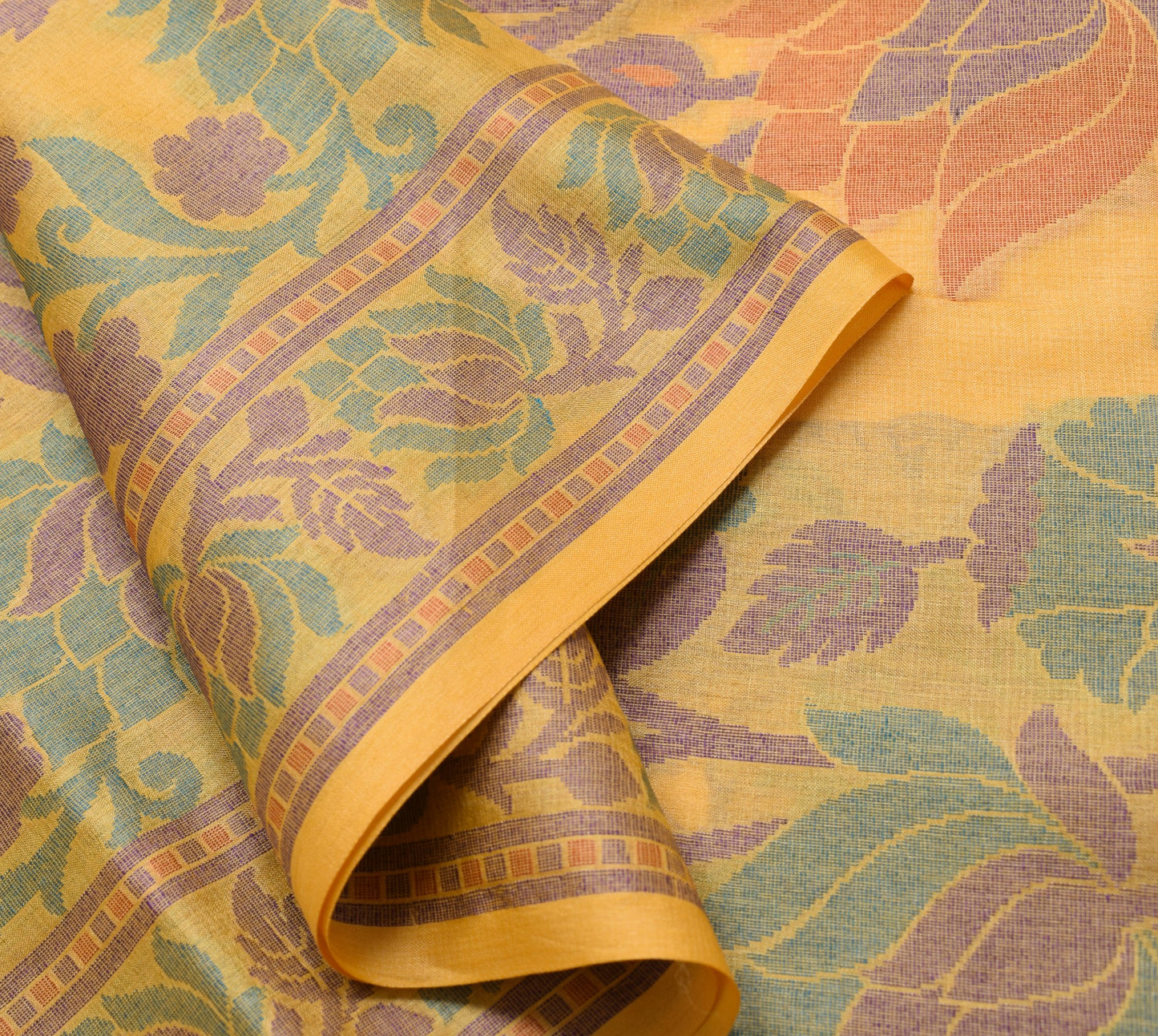 Sushila Vintage Floral Yellow Saree 100% Pure Tussar Silk Woven Soft Sari Fabric