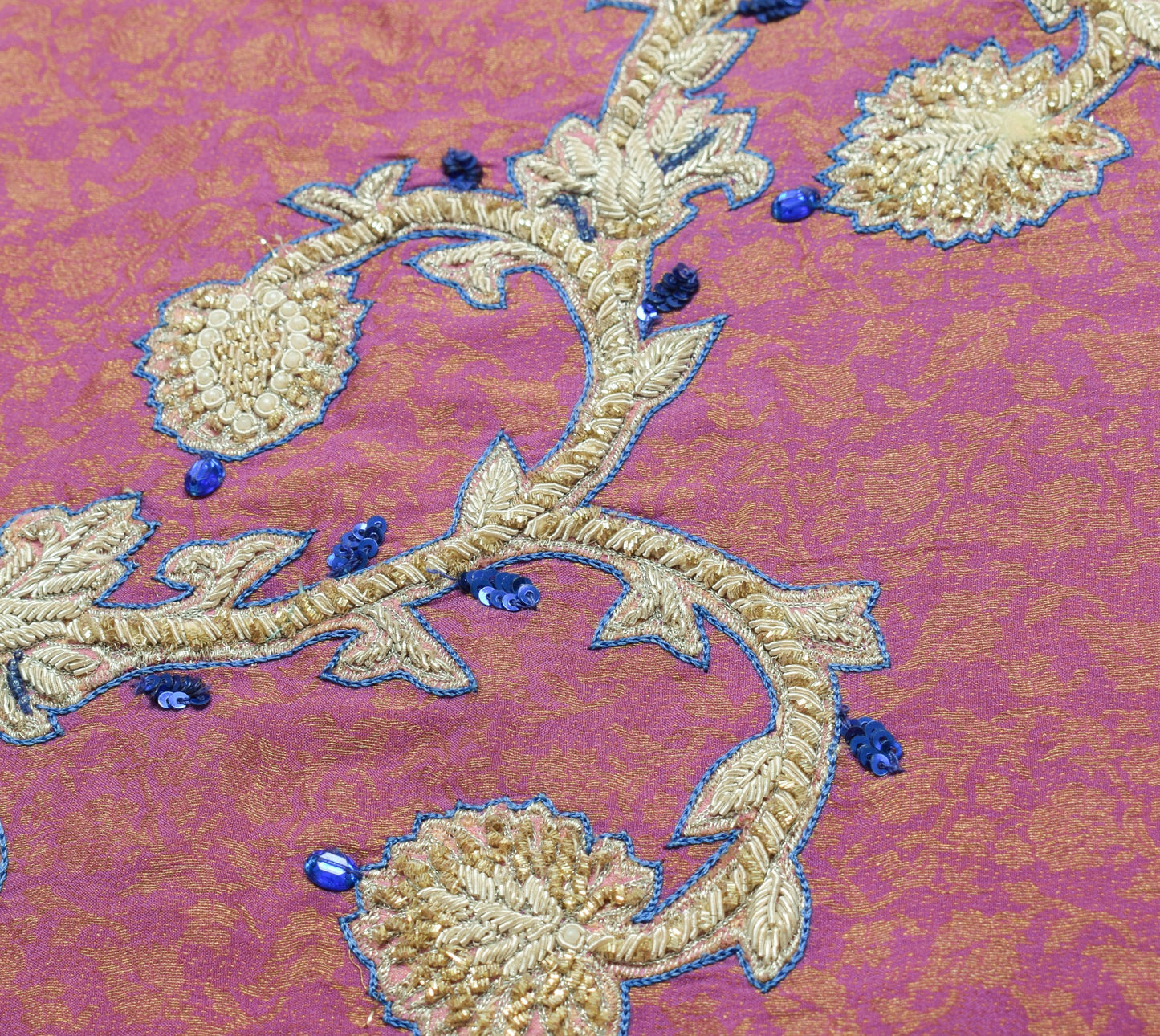 Sushila Vintage Mauve HEAVY Saree Pure Silk Brocade Applique Work Sari Fabric