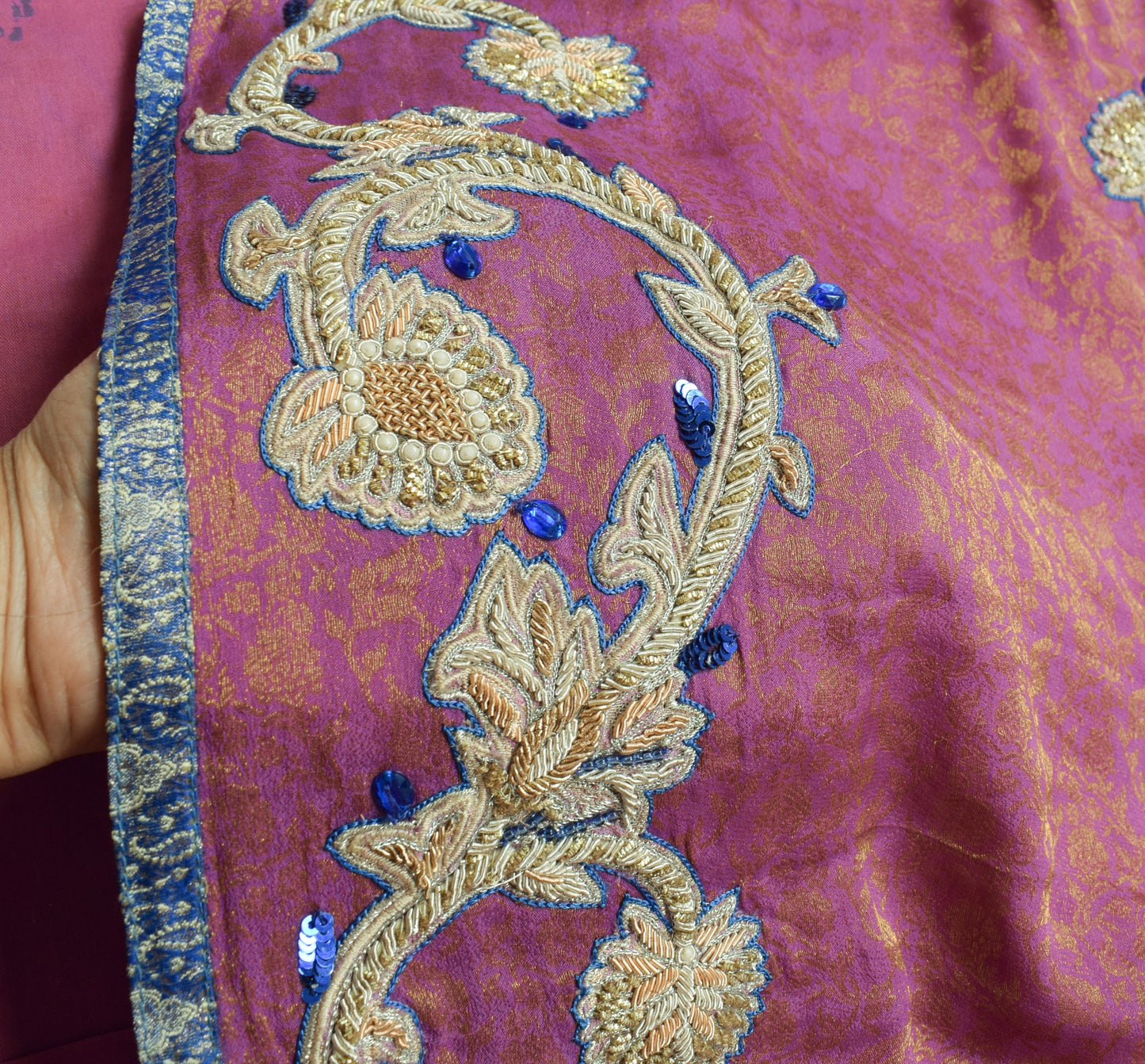 Sushila Vintage Mauve HEAVY Saree Pure Silk Brocade Applique Work Sari Fabric