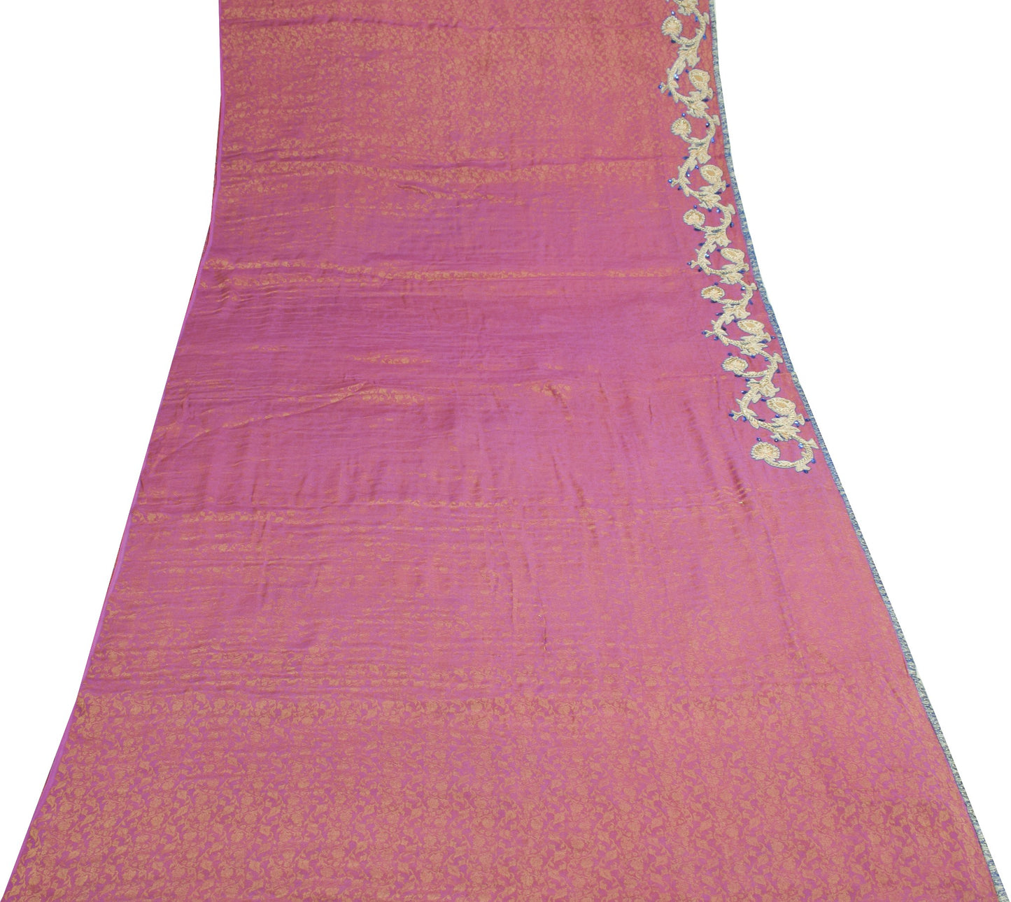 Sushila Vintage Mauve HEAVY Saree Pure Silk Brocade Applique Work Sari Fabric