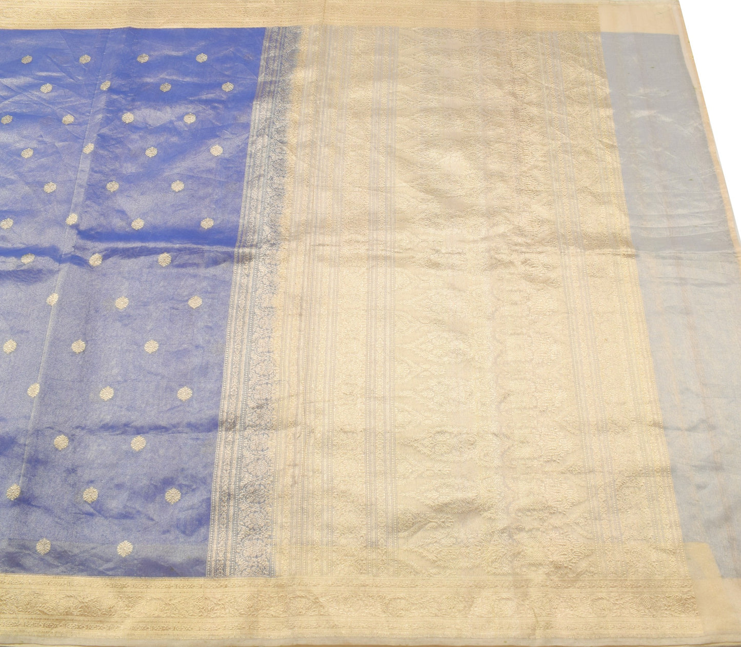 Sushila Vintage Blue Saree with Gold Border Pure Tissue Zari Woven HEAVY Sari