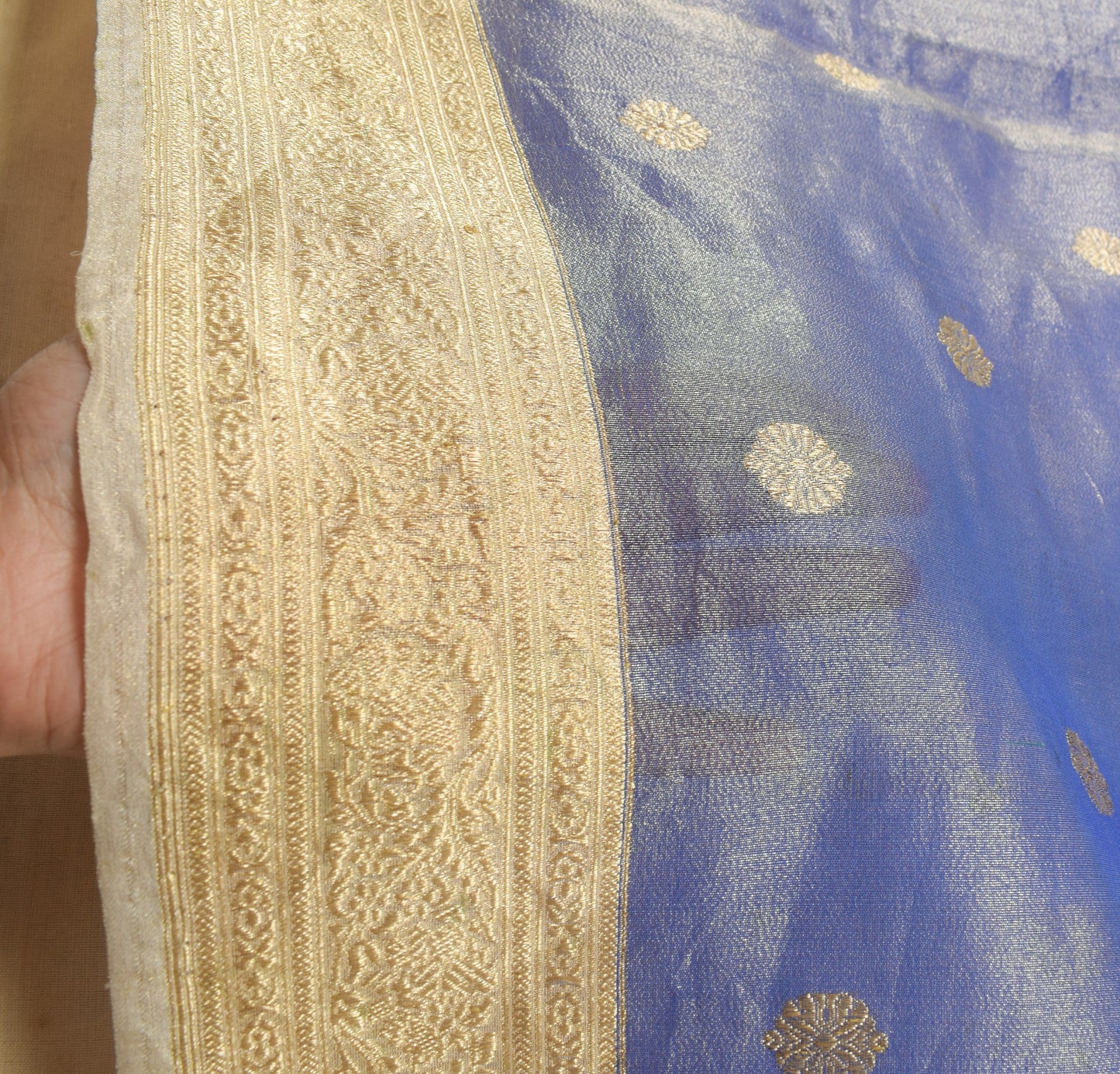 Sushila Vintage Blue Saree with Gold Border Pure Tissue Zari Woven HEAVY Sari
