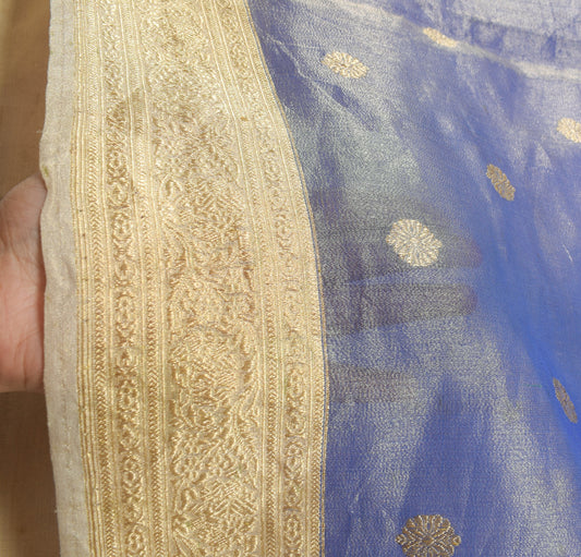 Sushila Vintage Blue Saree with Gold Border Pure Tissue Zari Woven HEAVY Sari