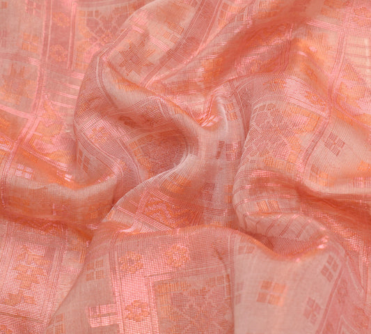 Sushila Vintage Pure Organza Sari Salmon Peach Woven Zari Brocade Saree Fabric