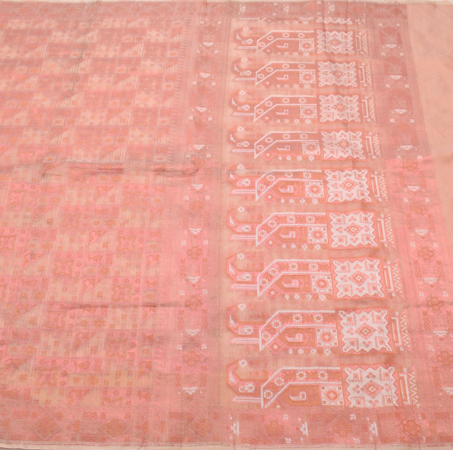 Sushila Vintage Pure Organza Sari Salmon Peach Woven Zari Brocade Saree Fabric