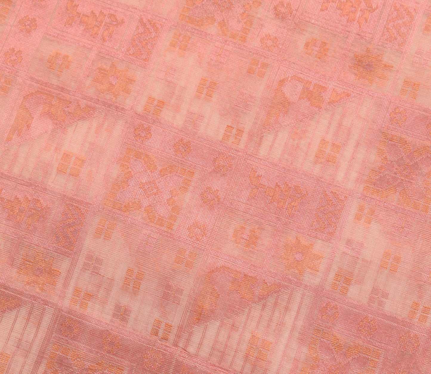 Sushila Vintage Pure Organza Sari Salmon Peach Woven Zari Brocade Saree Fabric