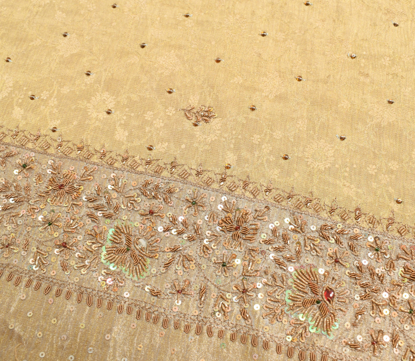 Sushila Vintage Pure Tissue HEAVY Saree Zari Sequins Golden Sari Blouse