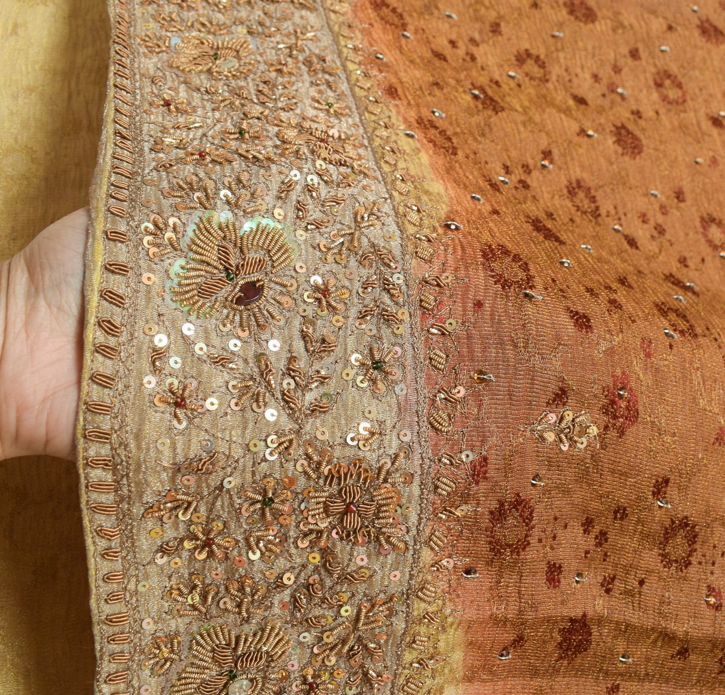 Sushila Vintage Pure Tissue HEAVY Saree Zari Sequins Golden Sari Blouse
