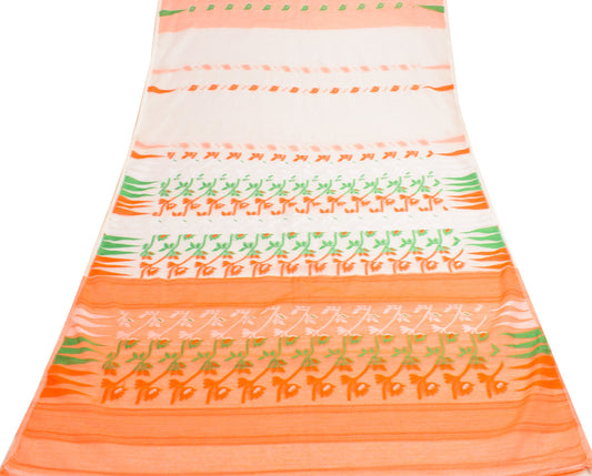 Sushila Vintage White Orange Sari Cotton Art Jamdani Woven Saree Floral Fabric