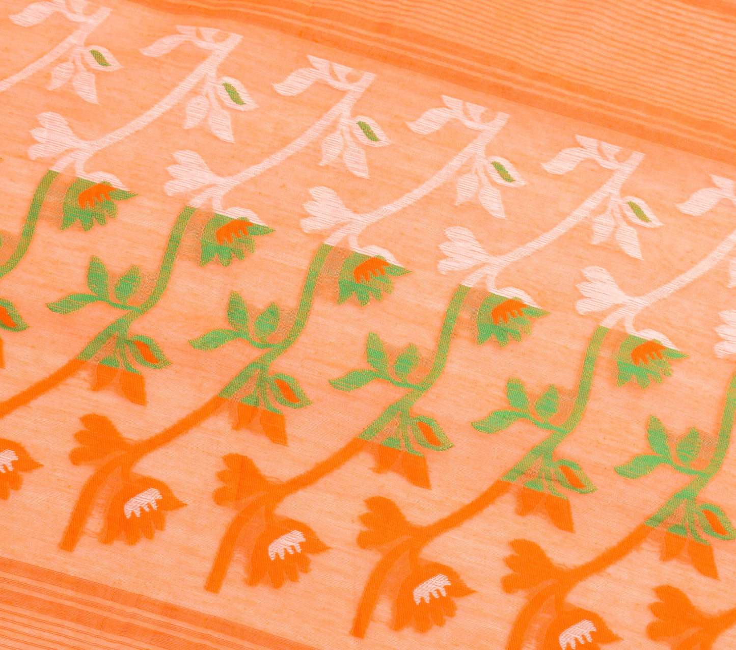 Sushila Vintage White Orange Sari Cotton Art Jamdani Woven Saree Floral Fabric